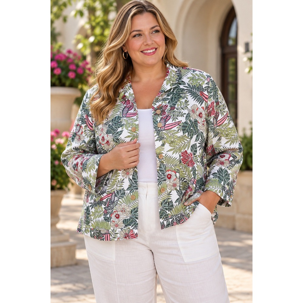Cj Banks Lightweight Linen Blend Jacket Women 2X Green Tropical Bird Botanical